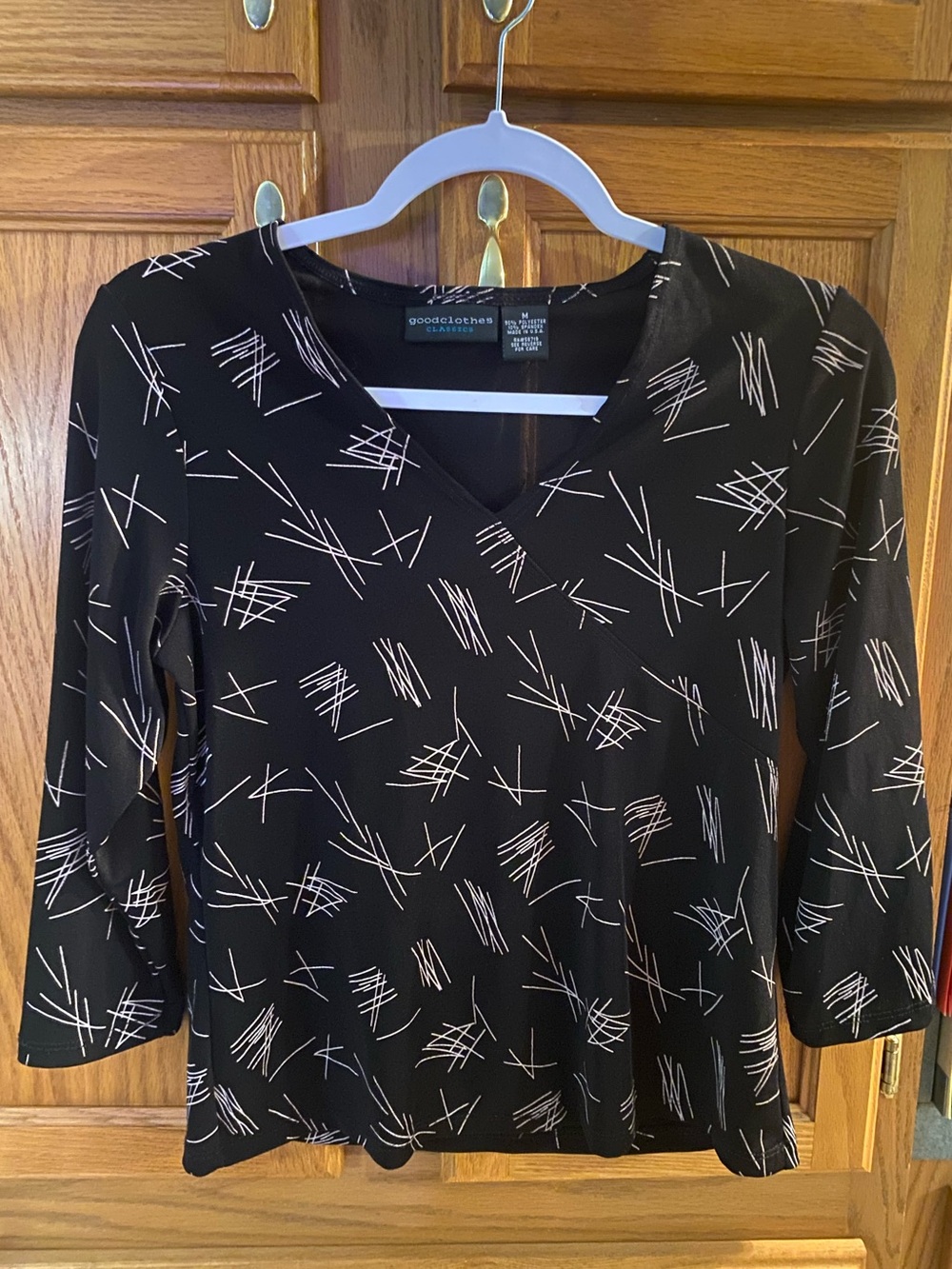 Black V-Neck Abstract Print Women's Top